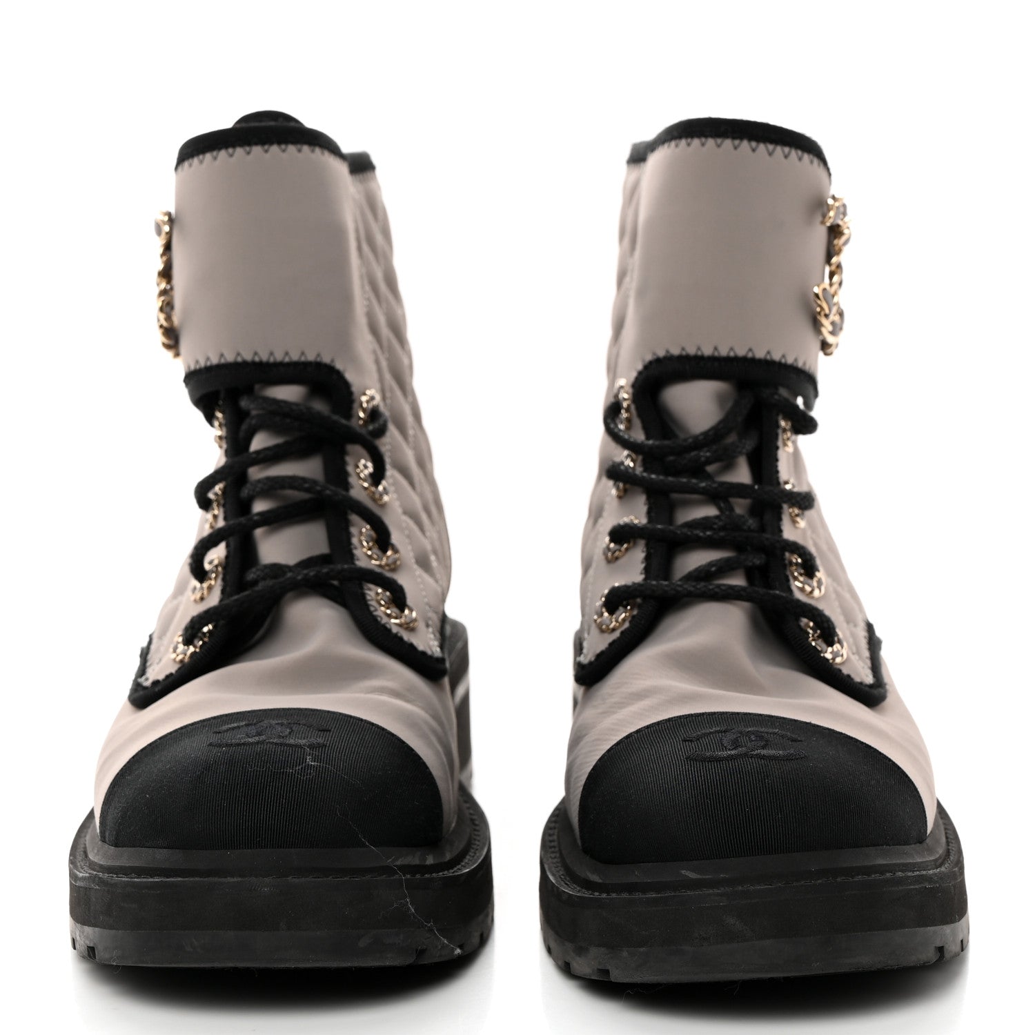 Chanel Fabric Grosgrain Lambskin Quilted Lace Up Combat Boot 40.5 Gray 2 of 8