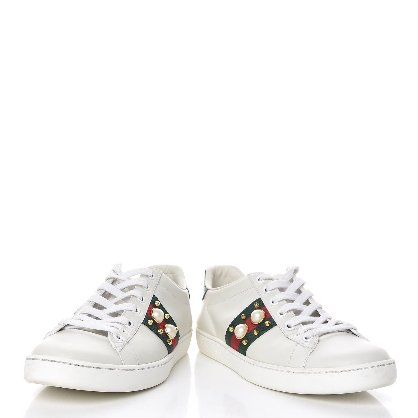 Calfskin Web Pearl Studded Womens Ace Sneakers 36.5 White