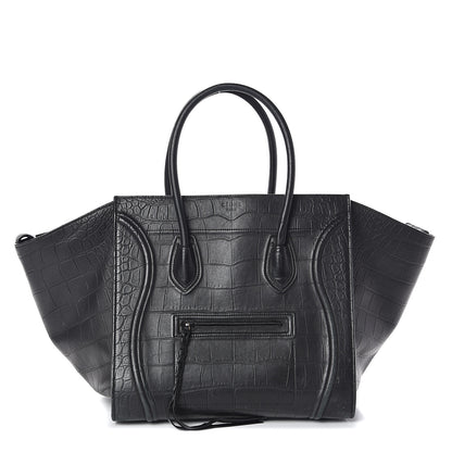 Celine Crocodile Embossed Calfskin Medium Phantom Luggage Black 1 of 11