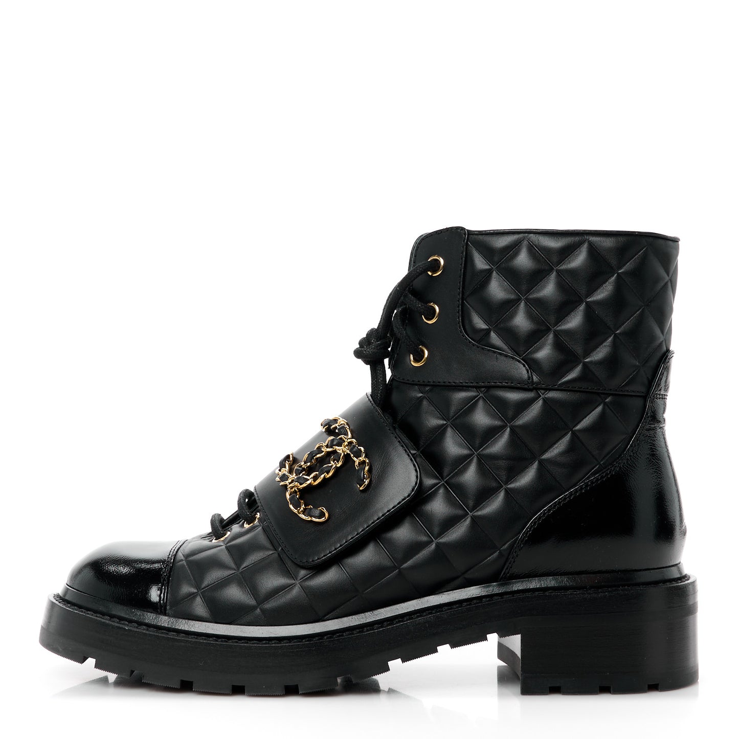 Shiny Calfskin Quilted Lace Up Combat Boots 39.5 Black
