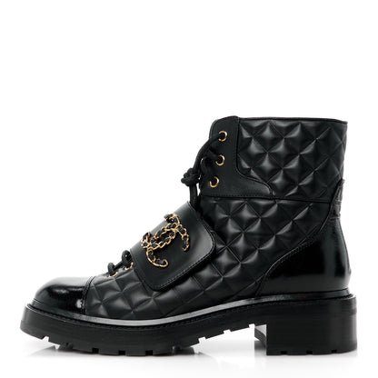Chanel Shiny Calfskin Quilted Lace Up Combat Boots 39.5 Black 1 of 10