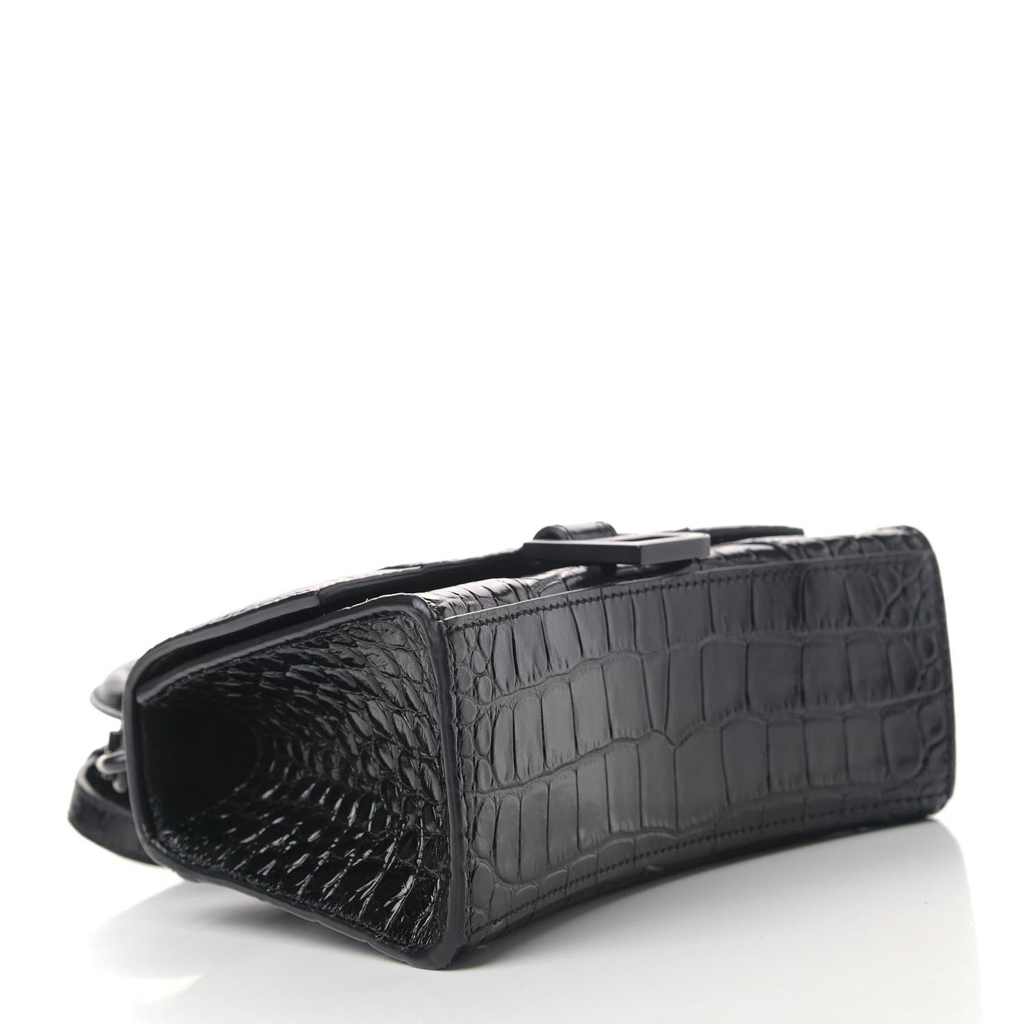 Shiny Calfskin Monochrome Crocodile Embossed Hourglass Top Handle Bag XS Black