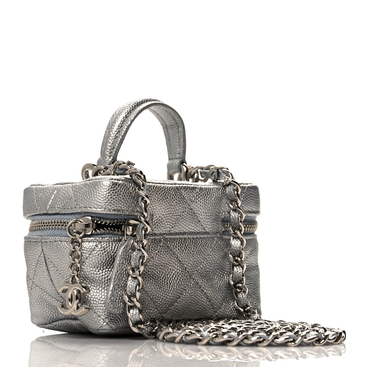 Metallic Caviar Quilted Mini Top Handle Vanity With Chain Silver