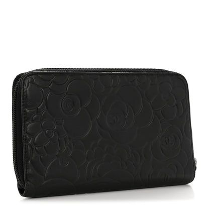Chanel Lambskin Camellia Embossed Zip Around Organizer Wallet Black 3 of 13