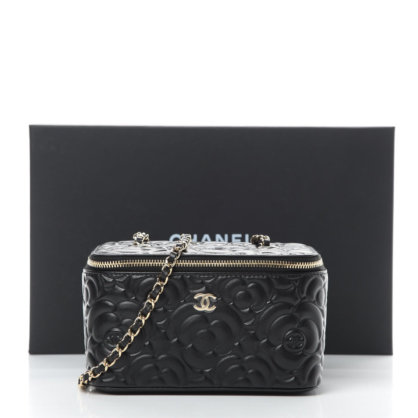 Lambskin Camellia Embossed Small Vanity Case With Chain Black