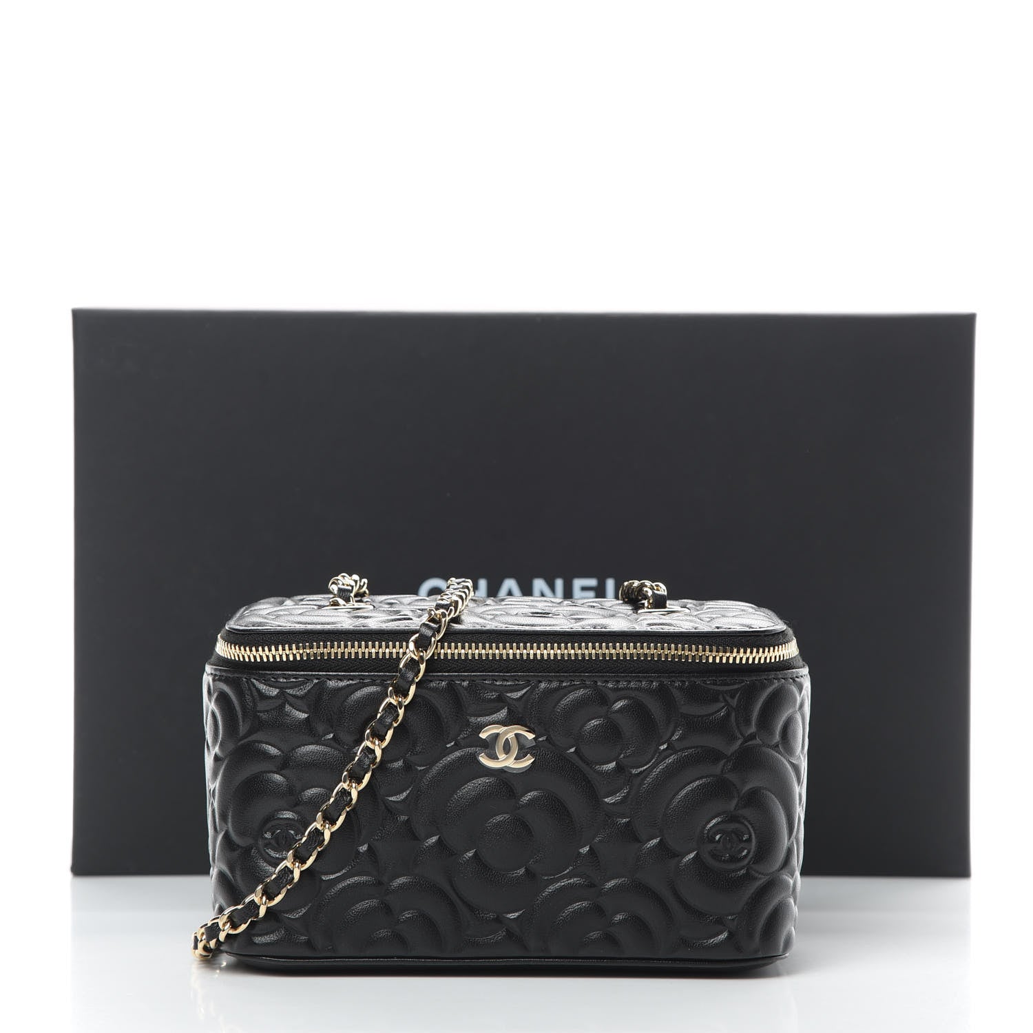Chanel Lambskin Camellia Embossed Small Vanity Case With Chain Black 11 of 12