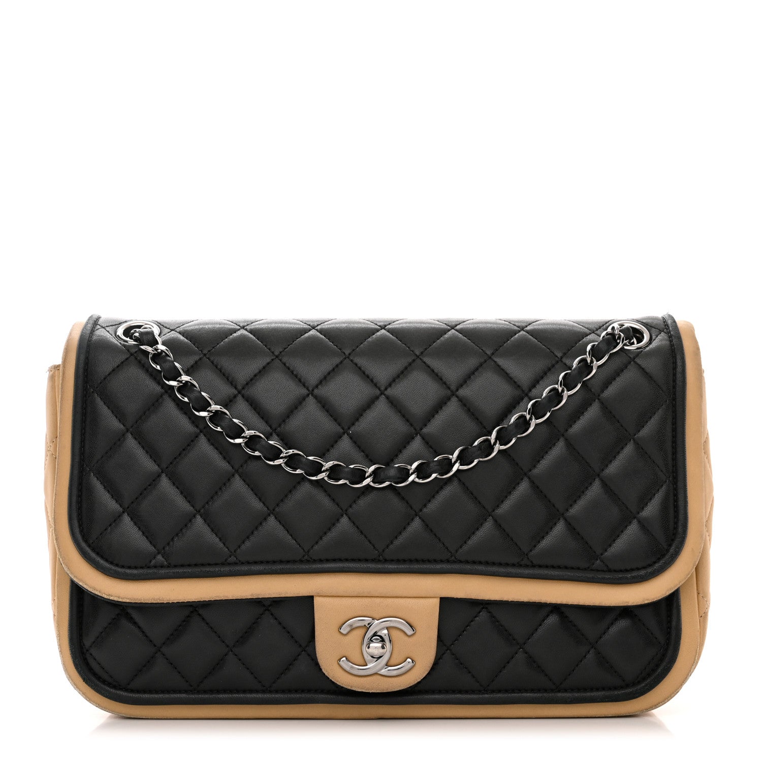 Chanel Lambskin Quilted Jumbo Classic Twist Flap Bag Black Beige 1 of 11