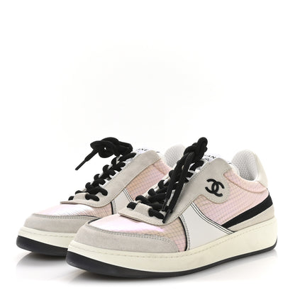 Chanel Suede Fabric Calfskin Womens CC Sneakers 40.5 Pink Grey White 4 of 9