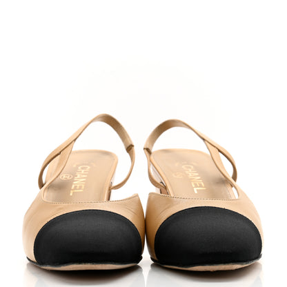 Chanel Goatskin Grosgrain Cap Toe CC Slingback Pumps 40.5 Beige Black 2 of 13