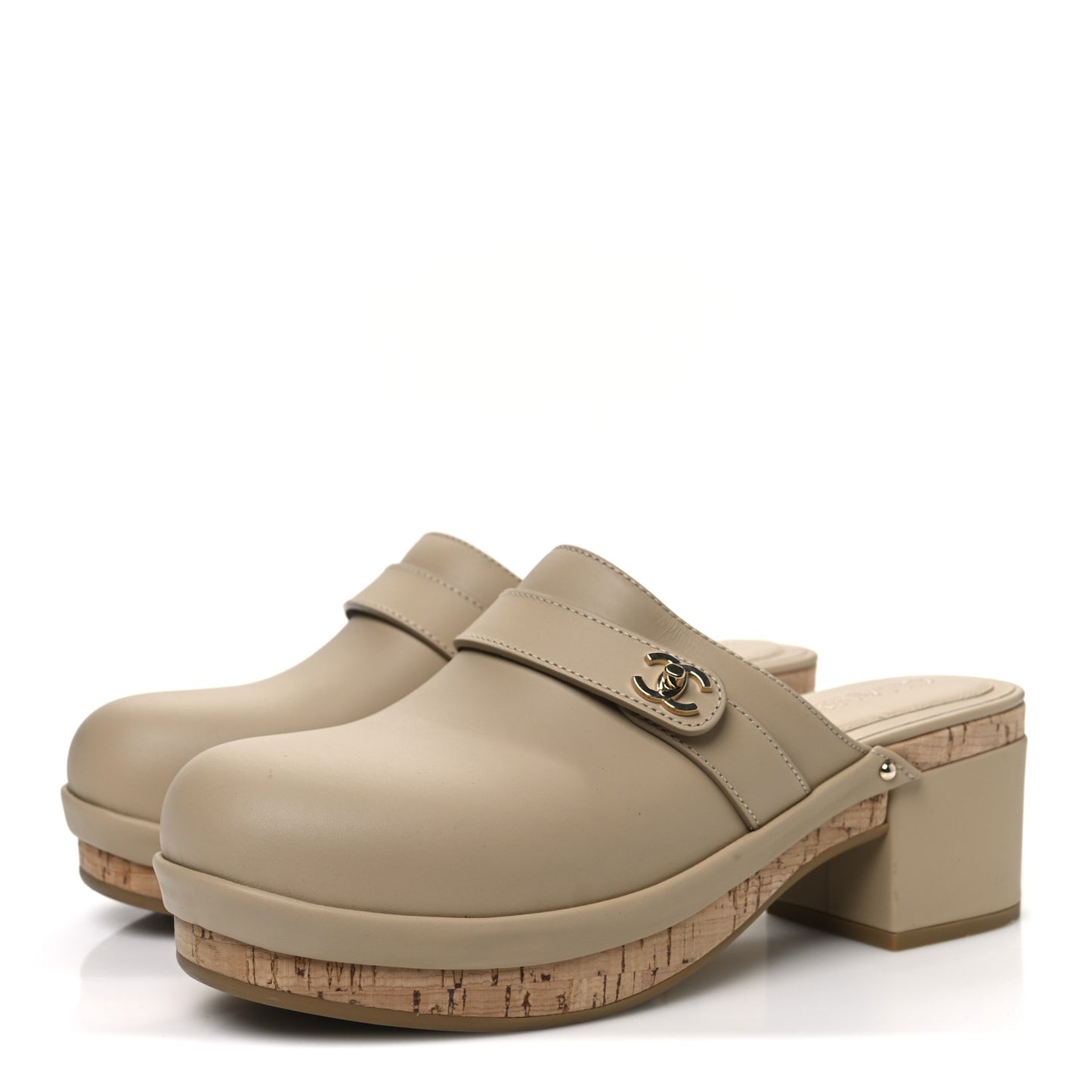 Calfskin CC Turn Lock Clogs 40 Beige
