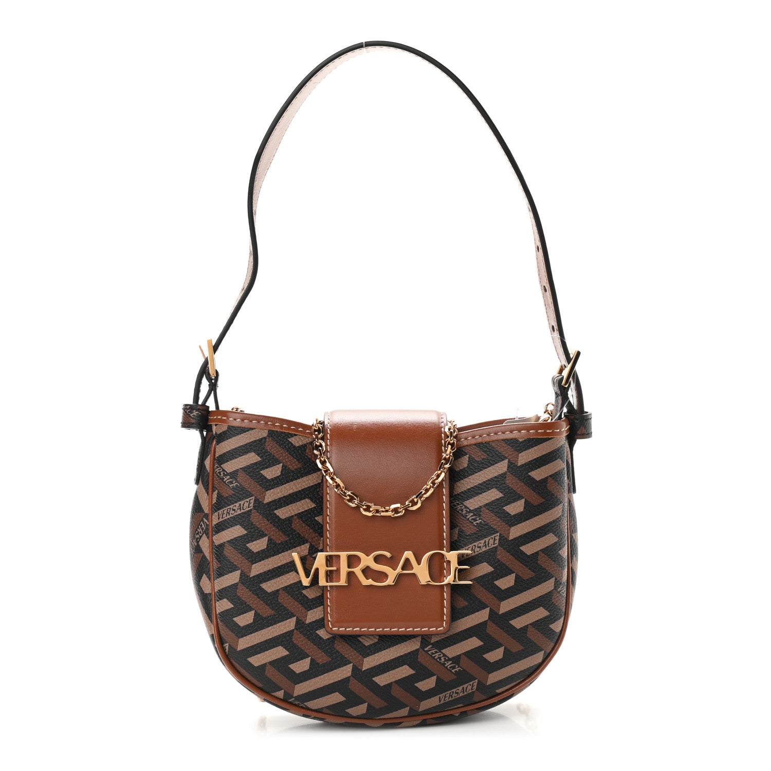 Versace Coated Canvas La Greca Signature Shoulder Bag Black Caramel 1 of 8
