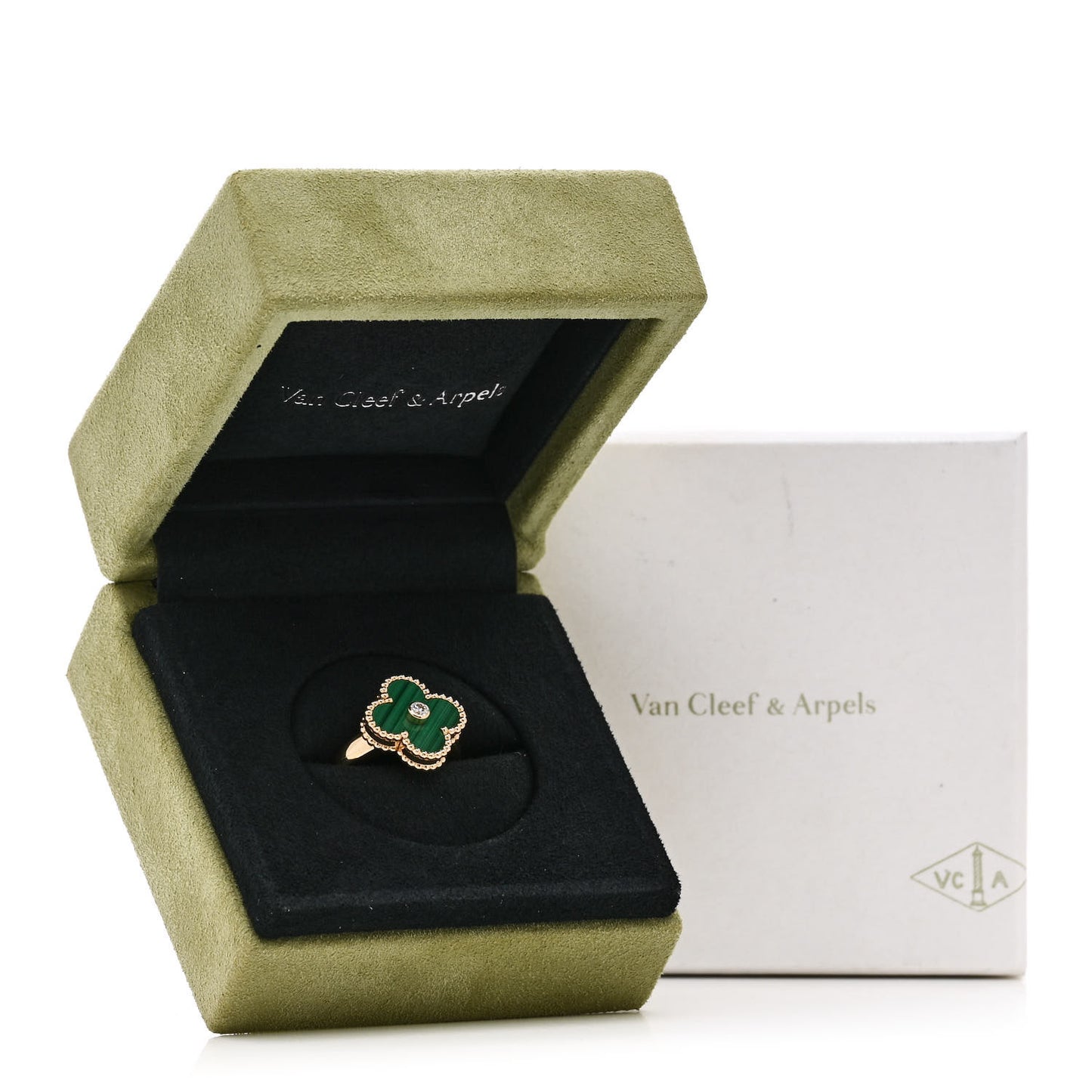 18K Yellow Gold Diamond Malachite Vintage Alhambra Ring 50 5.25