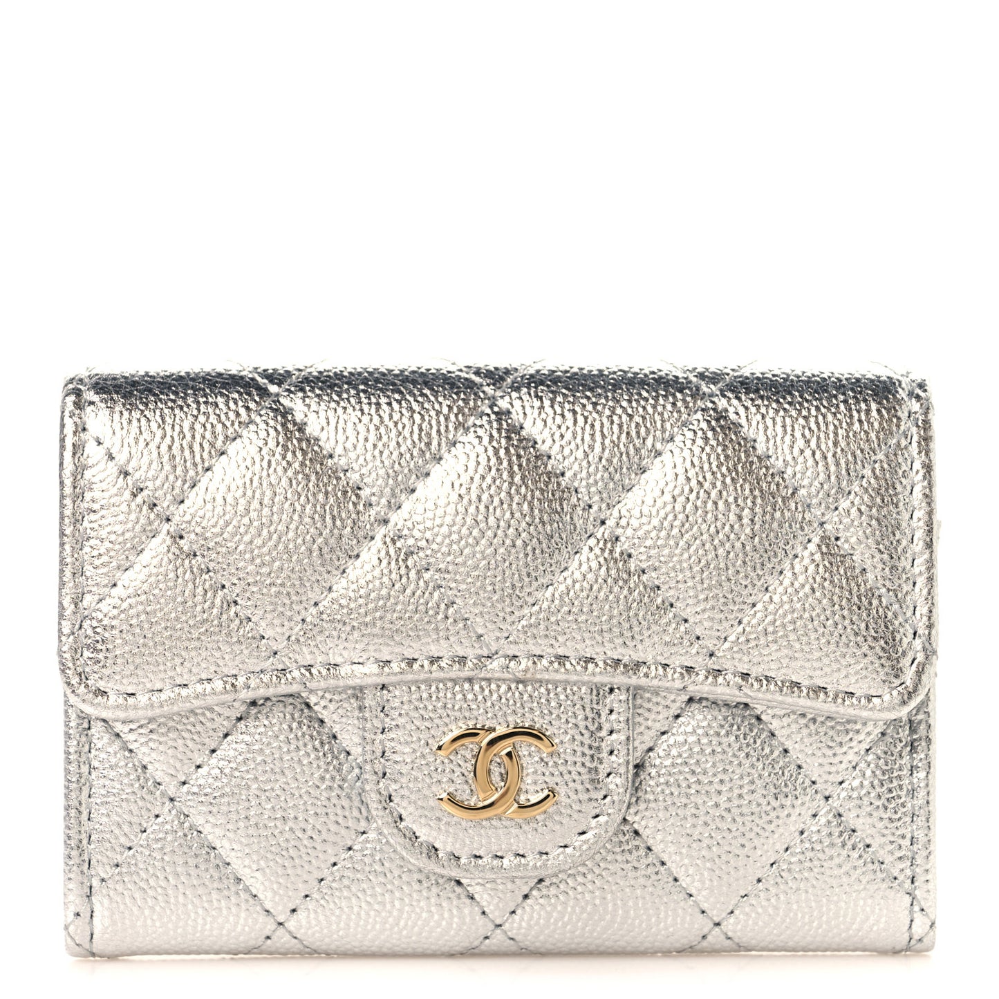 Metallic Caviar Quilted Flap Card Holder Wallet Silvery