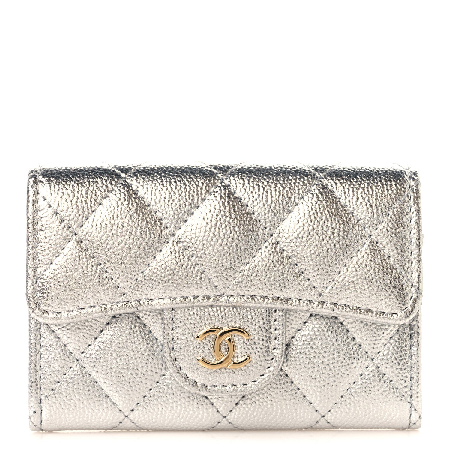 Chanel Metallic Caviar Quilted Flap Card Holder Wallet Silvery 1 of 9