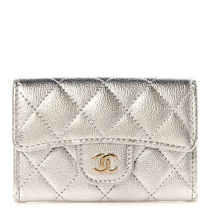 Chanel Metallic Caviar Quilted Flap Card Holder Wallet Silvery 1 of 9