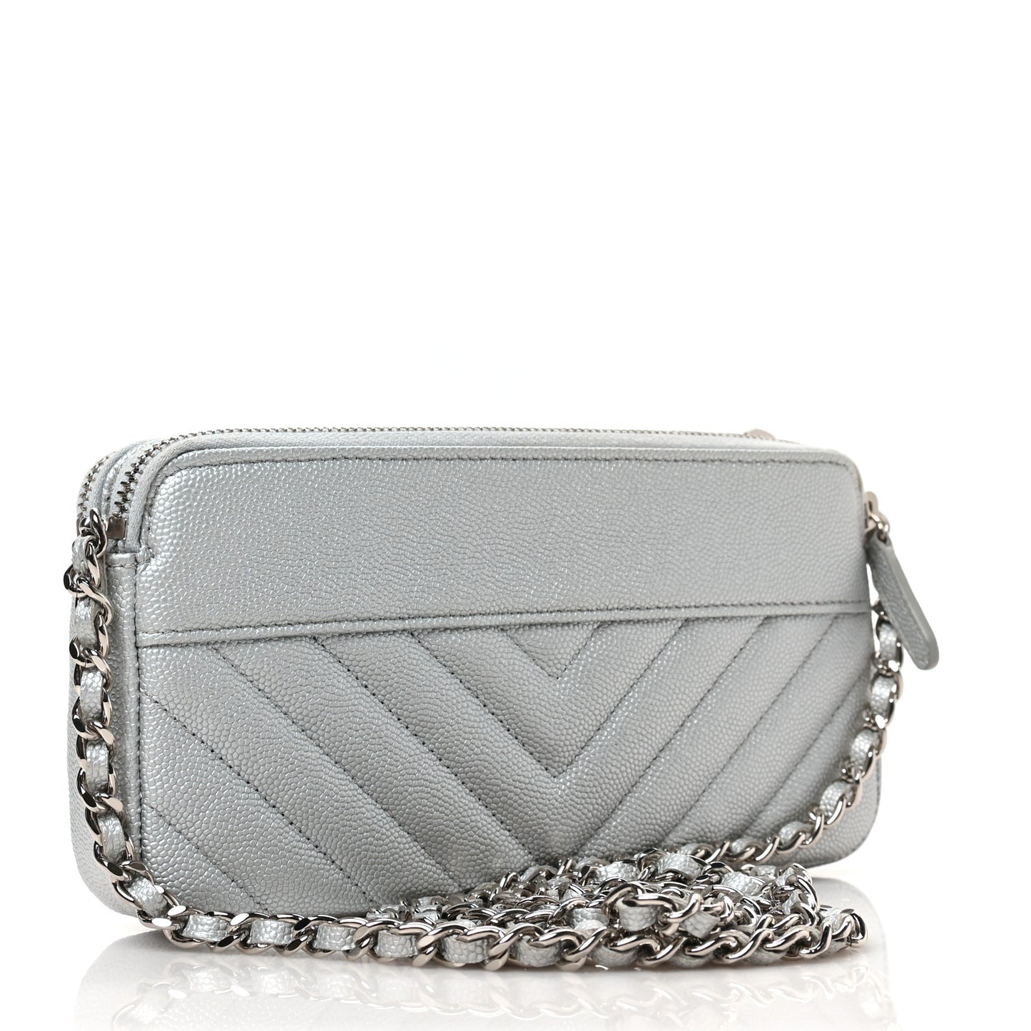 Metallic Caviar Chevron Quilted Small Vintage Mademoiselle Clutch With Chain Silver