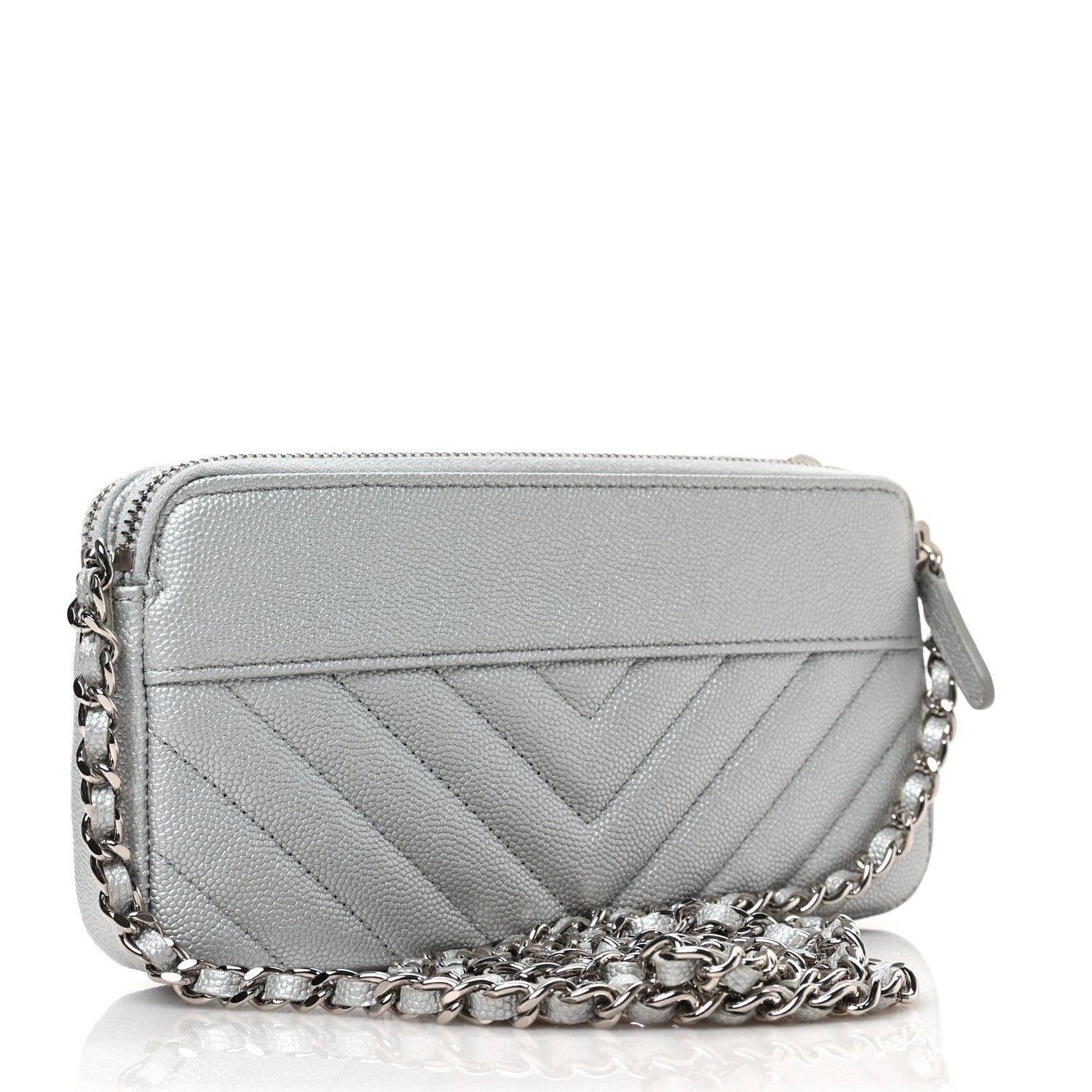 Chanel Metallic Caviar Chevron Quilted Small Vintage Mademoiselle Clutch With Chain Silver 3 of 10