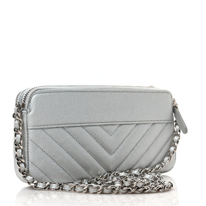 Chanel Metallic Caviar Chevron Quilted Small Vintage Mademoiselle Clutch With Chain Silver 3 of 10