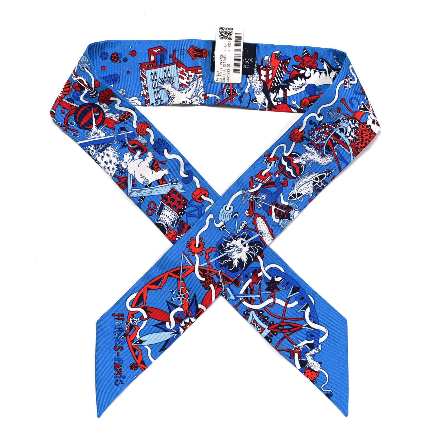 Hermes Silk La Folle Parade Twilly Bleu Gitane Rouge 1 of 4