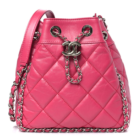Crumpled Calfskin Quilted Chain All Over Drawstring Bucket Bag Pink