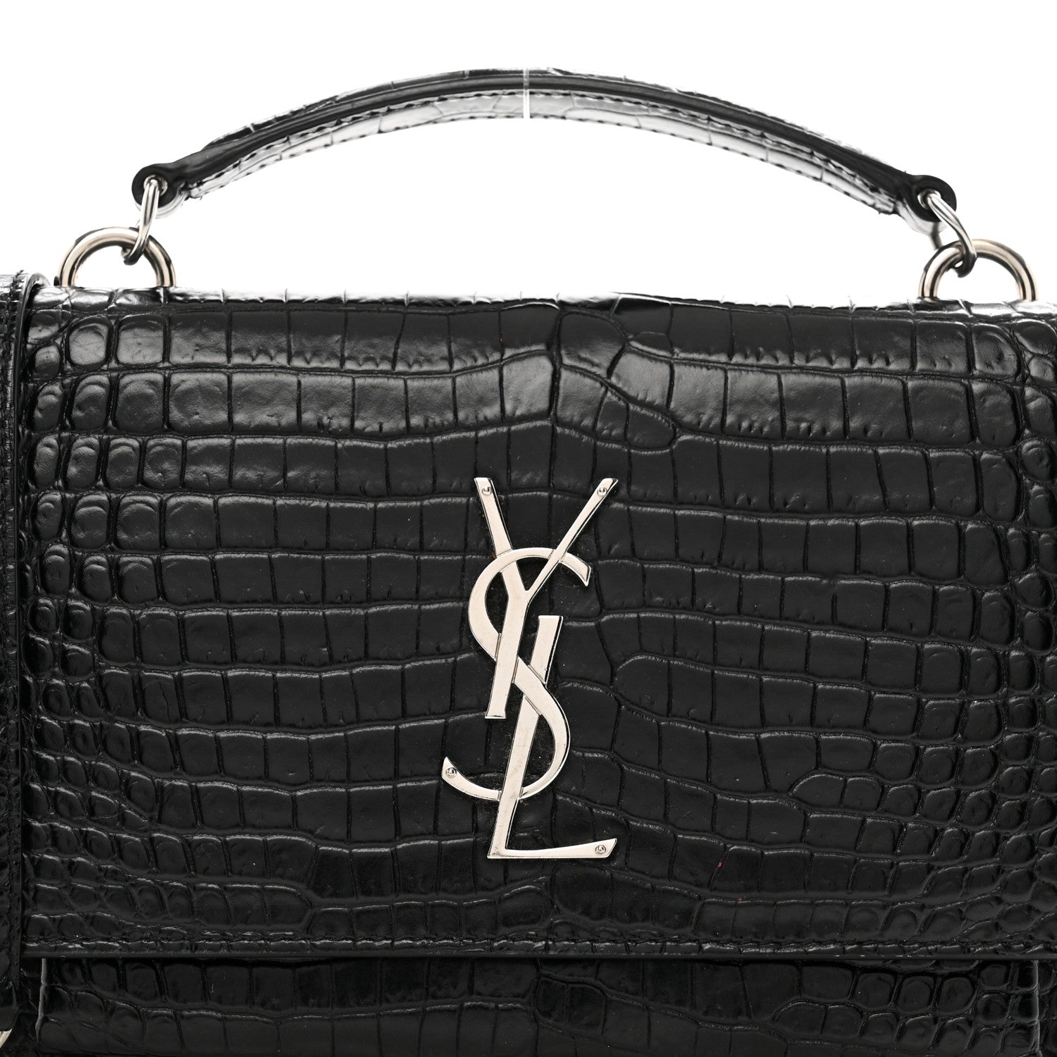 Saint Laurent Calfskin Crocodile Embossed Monogram Sunset Top Handle Chain Wallet Black 5 of 12