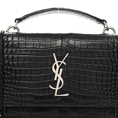Saint Laurent Calfskin Crocodile Embossed Monogram Sunset Top Handle Chain Wallet Black 5 of 12