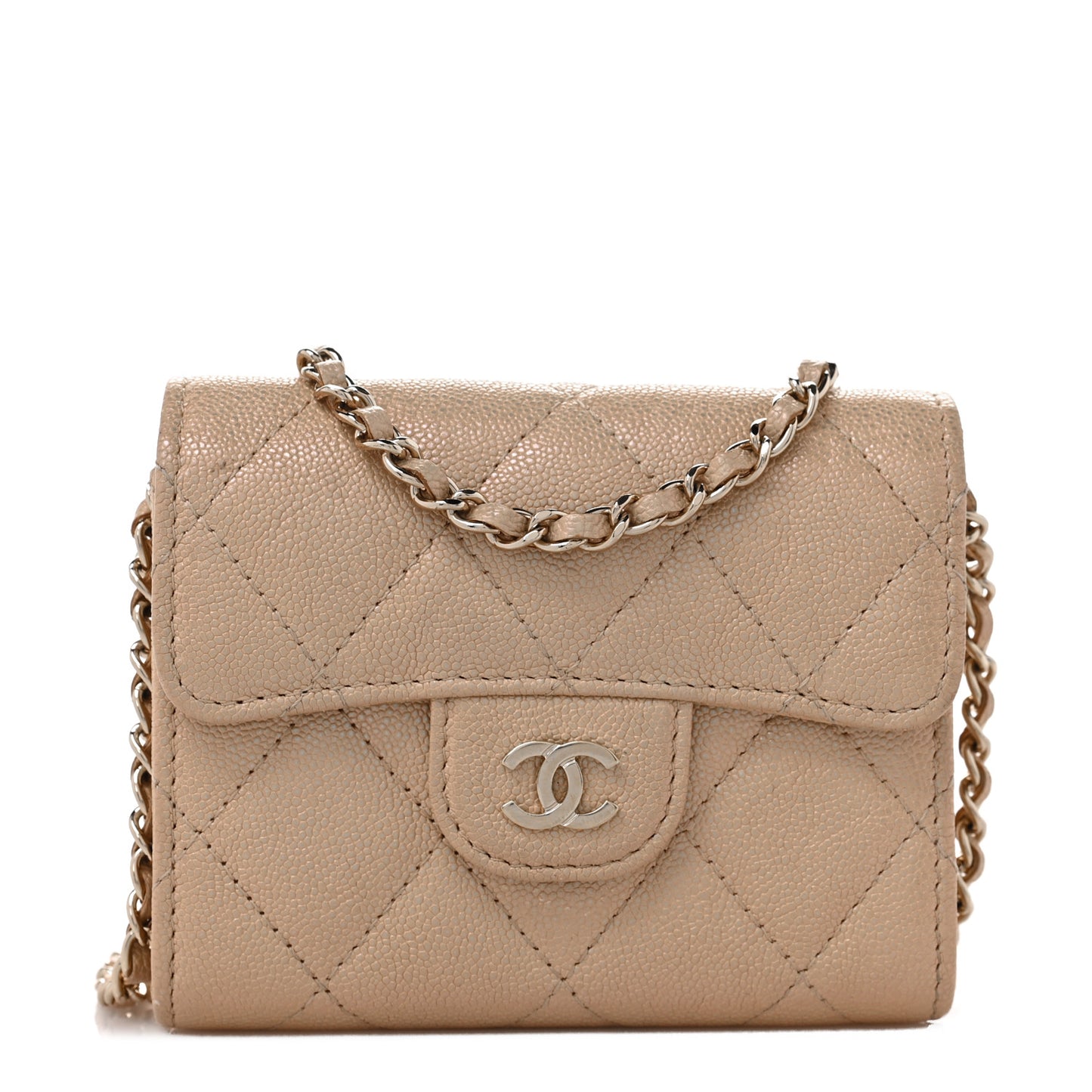 Iridescent Caviar Quilted Flap Card Holder On Chain Beige