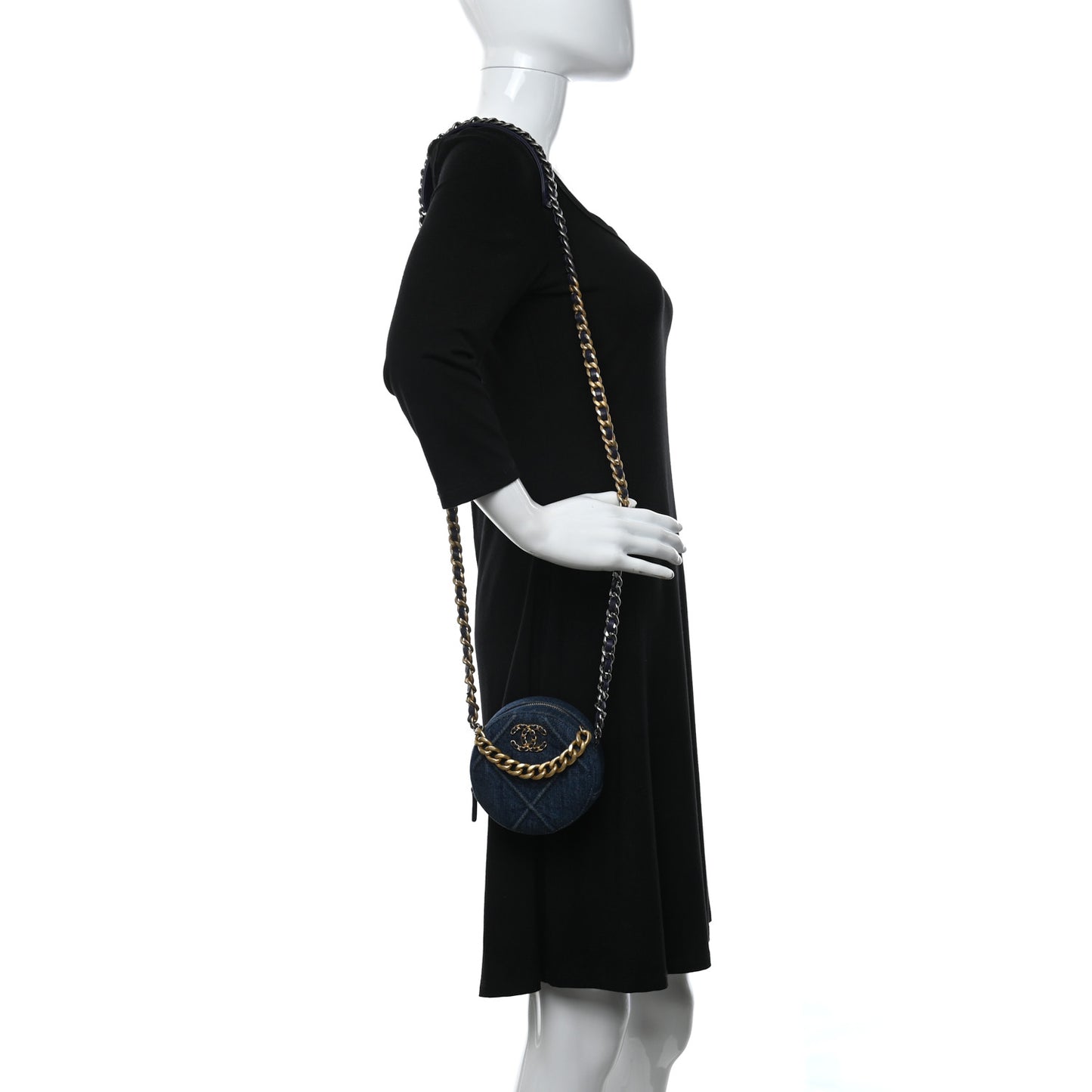 Denim Quilted Chanel 19 Round Clutch With Chain Blue
