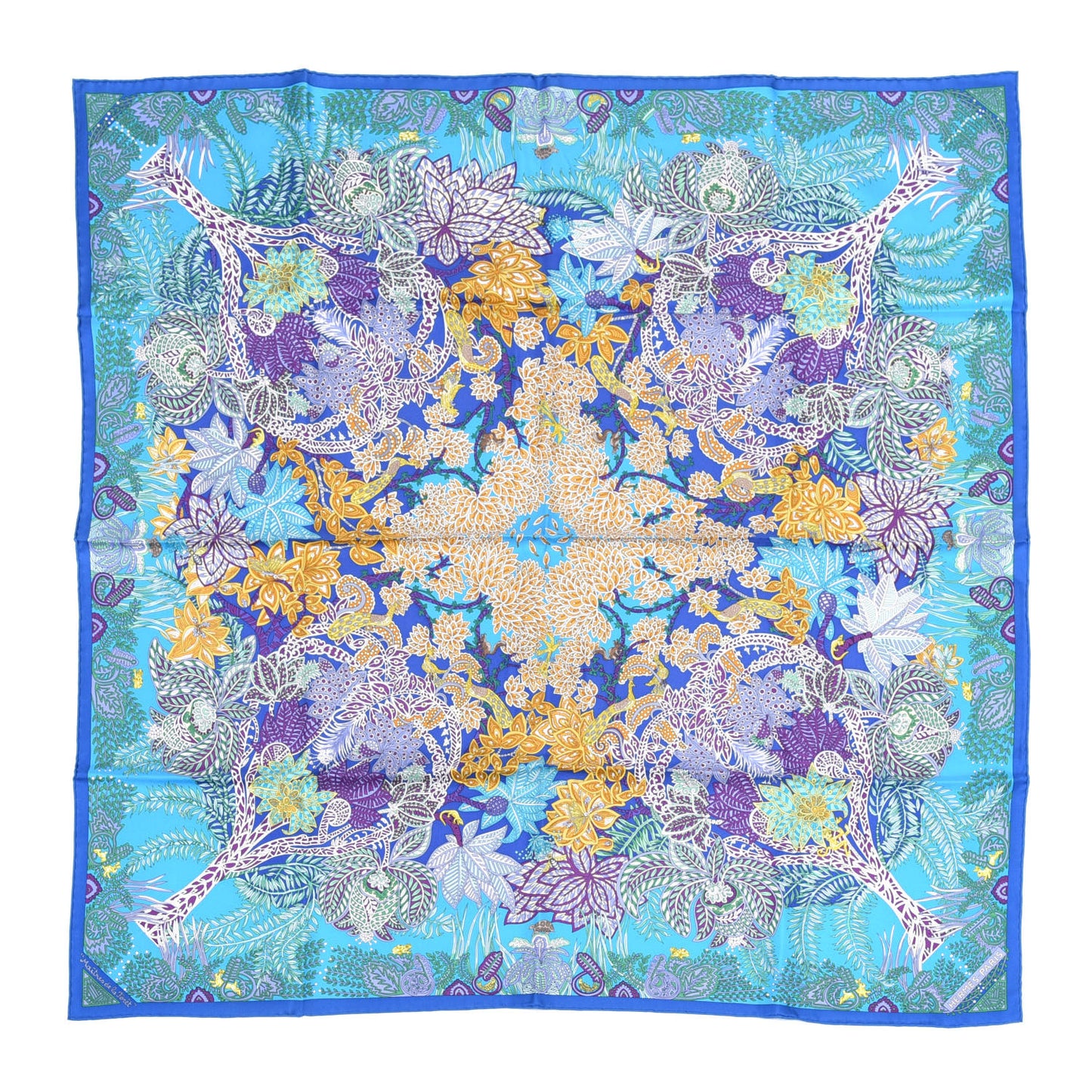 Silk Maitres de la Foret Scarf 90 Turquoise Ocre Violet