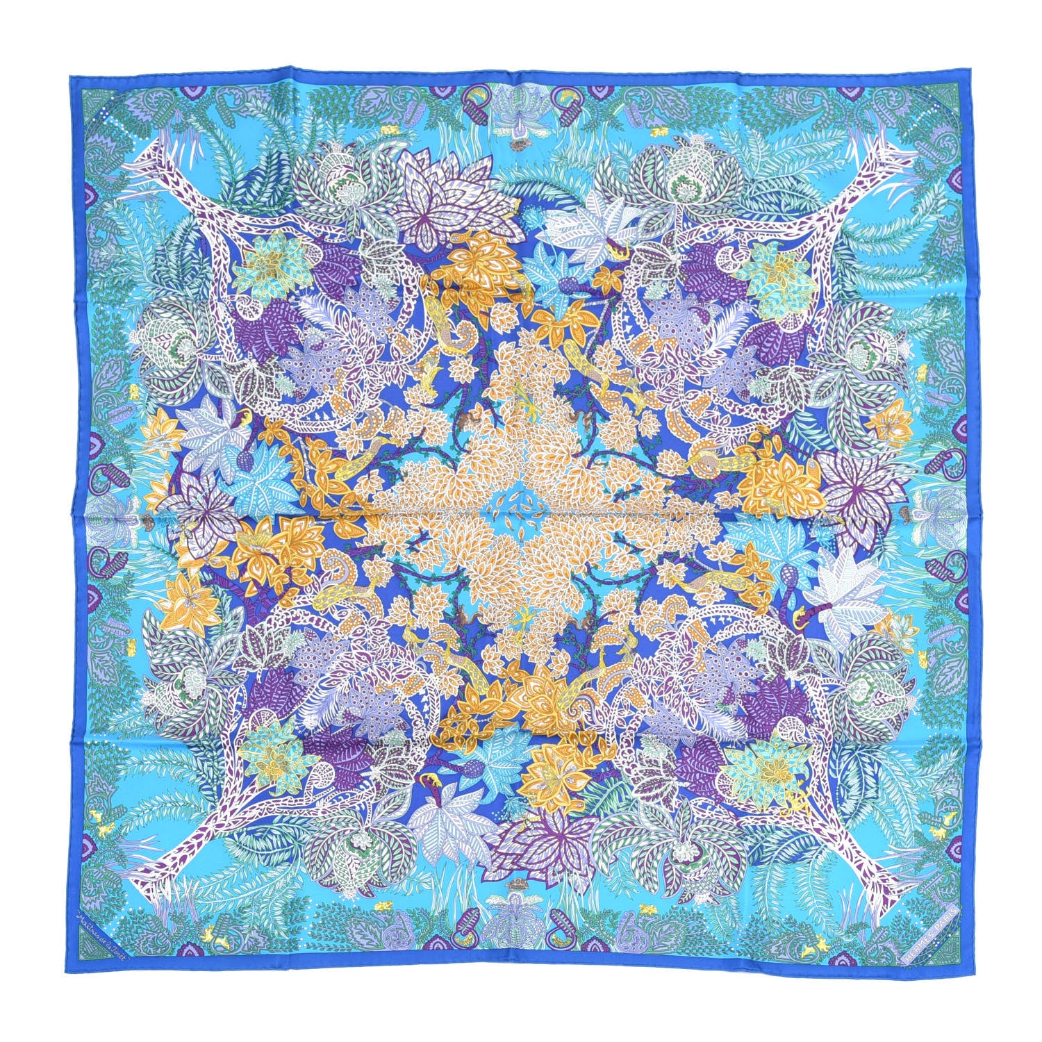 Hermes Silk Maitres de la Foret Scarf 90 Turquoise Ocre Violet 1 of 5