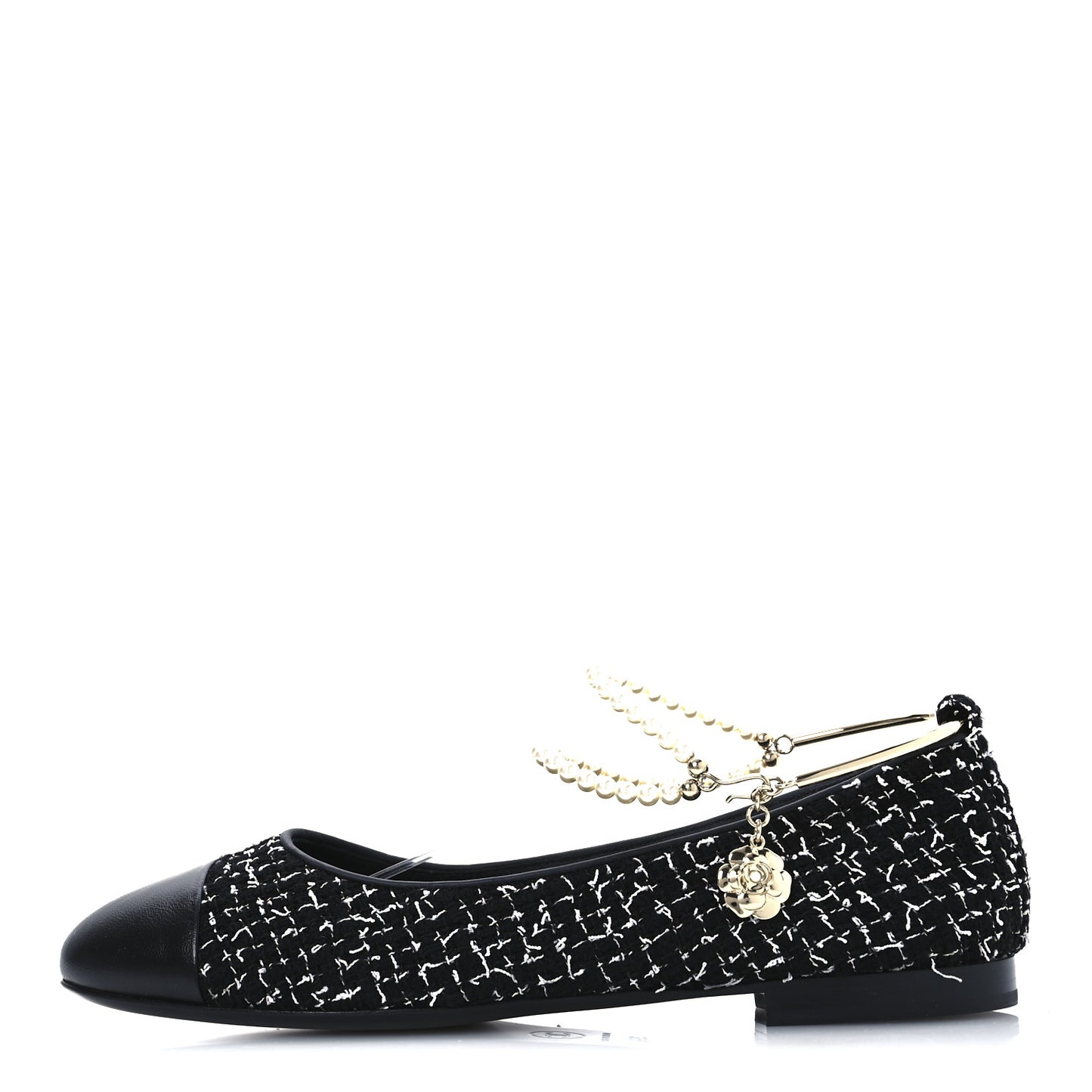 Tweed Lambskin Cap Toe Ankle Chain Ballerina Flats 39.5 Black White