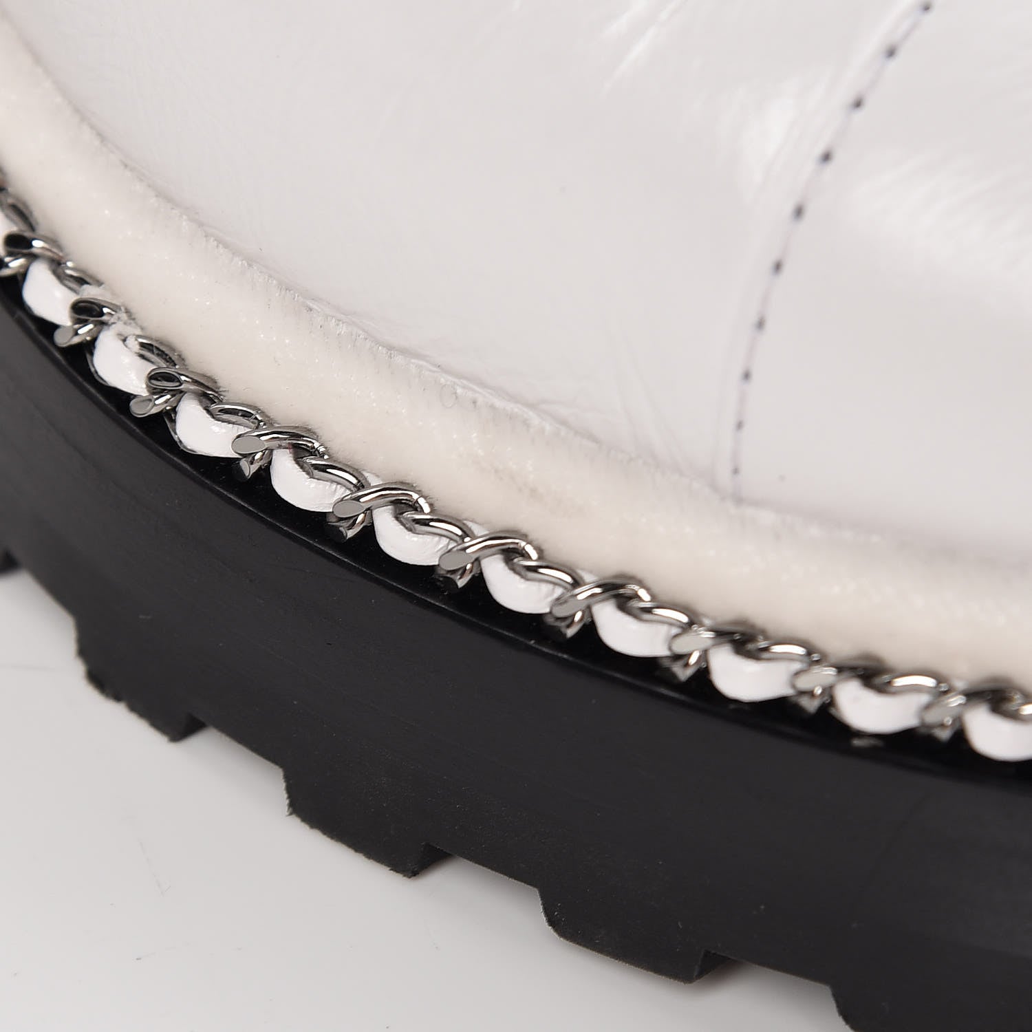 Chanel Crackled Calfskin Pearl Chain CC Combat Short Boots 40 White 12 of 16