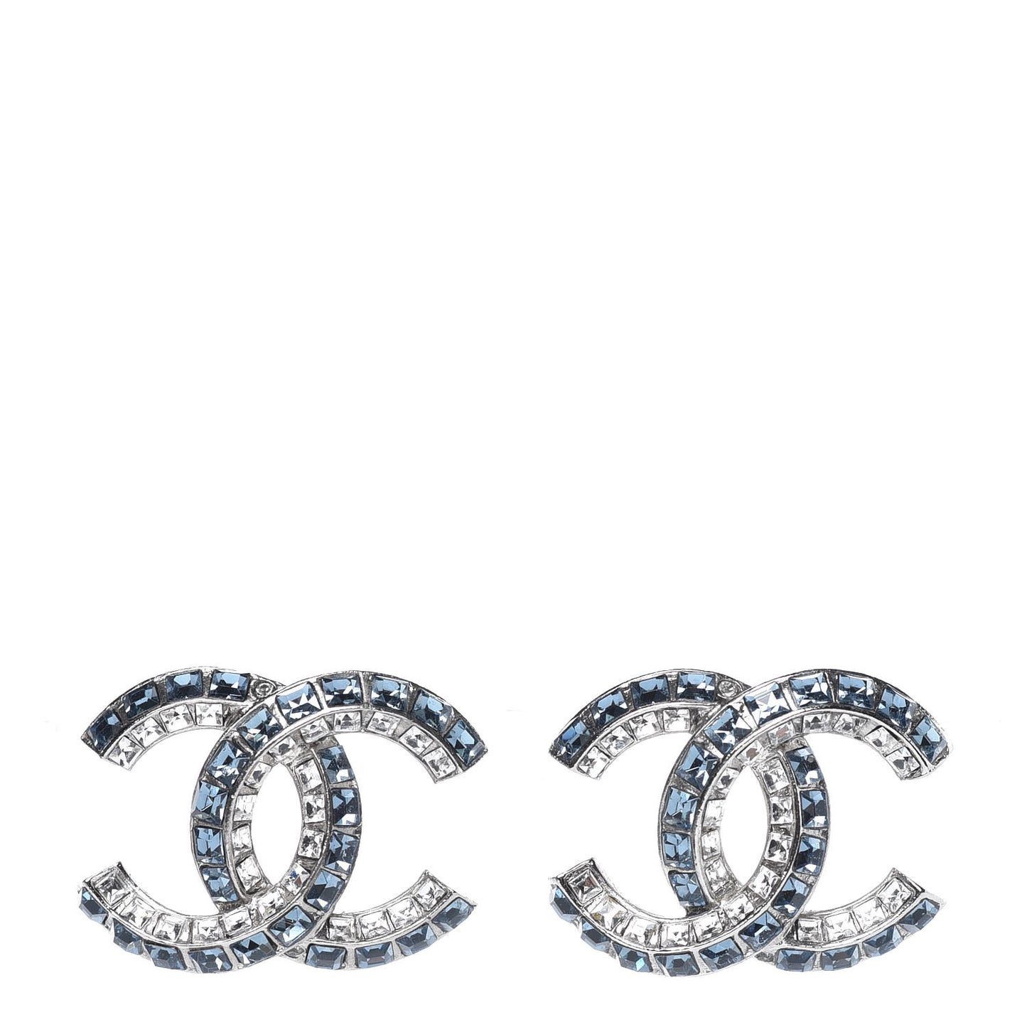 Metal Baguette Crystal CC Earrings Silver Blue