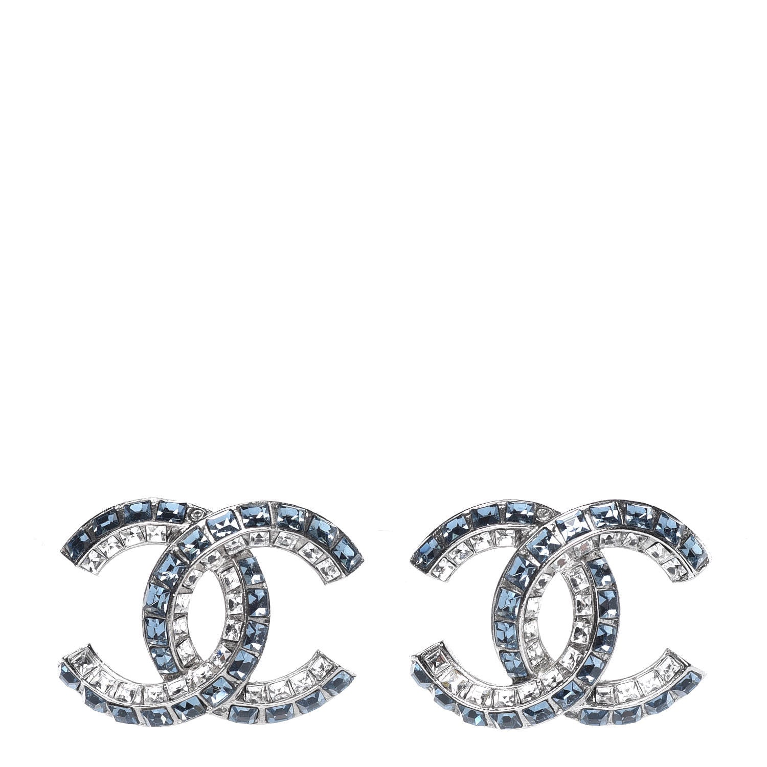 Chanel Metal Baguette Crystal CC Earrings Silver Blue 1 of 5