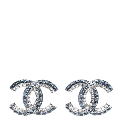 Chanel Metal Baguette Crystal CC Earrings Silver Blue 1 of 5