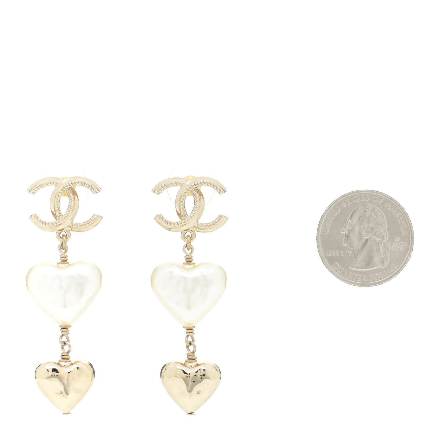 Chanel Pearl CC Double Heart Drop Earrings Gold 2 of 7