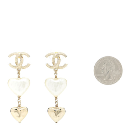 Chanel Pearl CC Double Heart Drop Earrings Gold 2 of 7