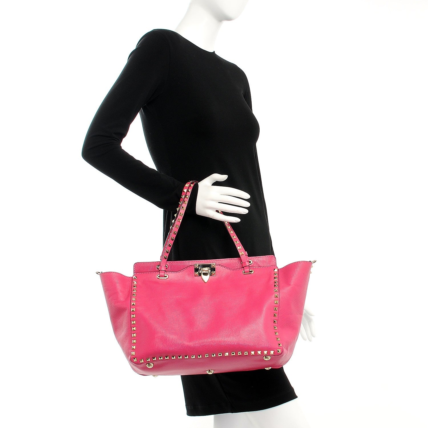 Valentino Garavani Textured Calfskin Medium Rockstud Tote Pop Fuxia 2 of 13
