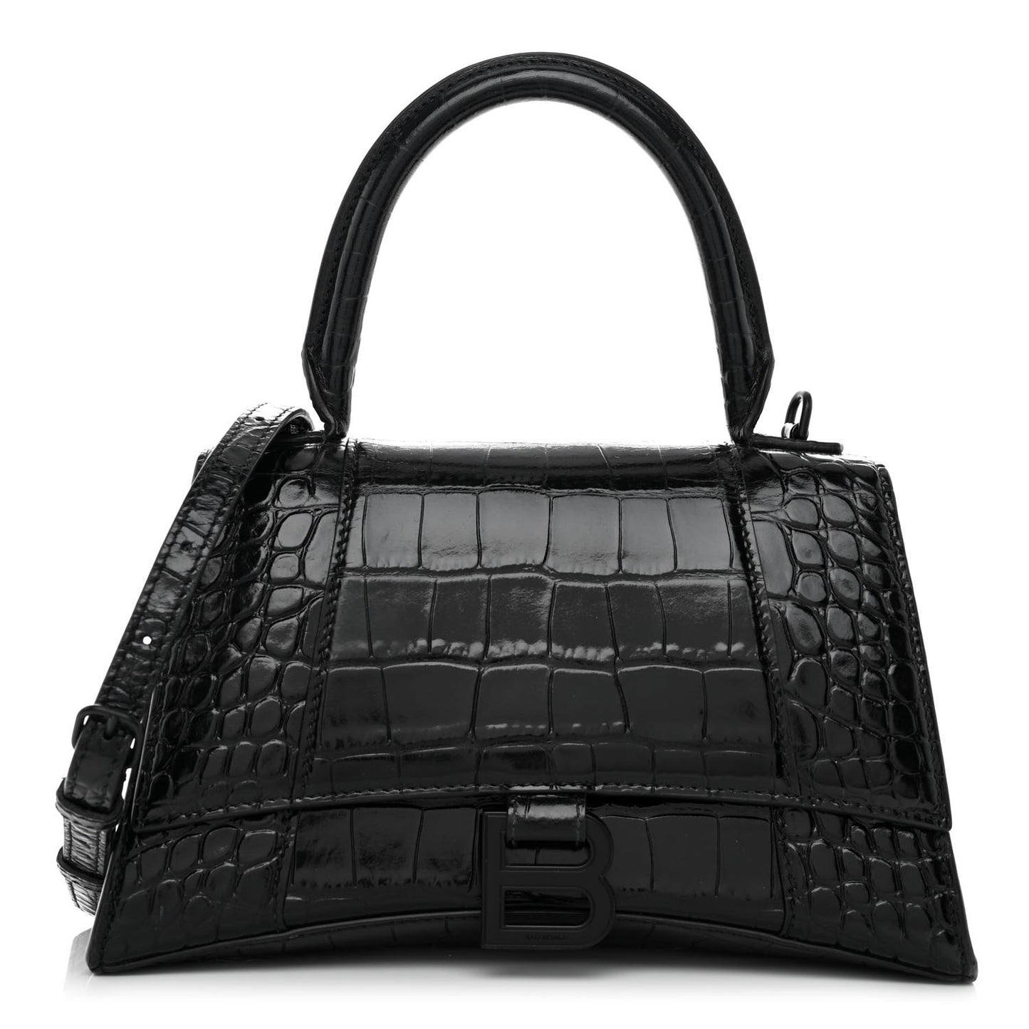 Shiny Calfskin Monochrome Crocodile Embossed Small Hourglass Top Handle Bag Black