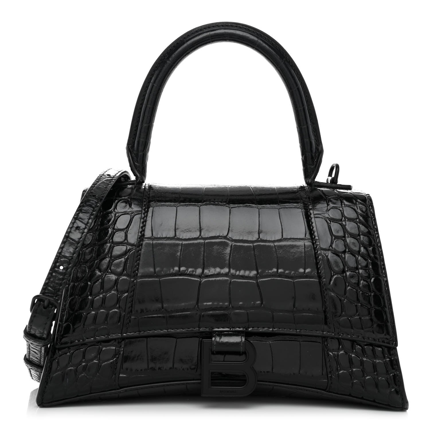 Balenciaga Shiny Calfskin Monochrome Crocodile Embossed Small Hourglass Top Handle Bag Black 1 of 11