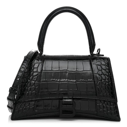 Balenciaga Shiny Calfskin Monochrome Crocodile Embossed Small Hourglass Top Handle Bag Black 1 of 11