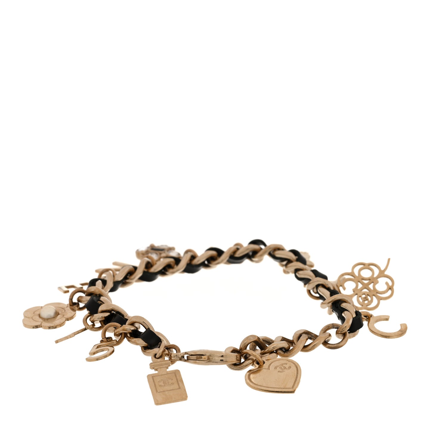 Metal Lambskin Crystal Chain CC Charms Bracelet Gold Black
