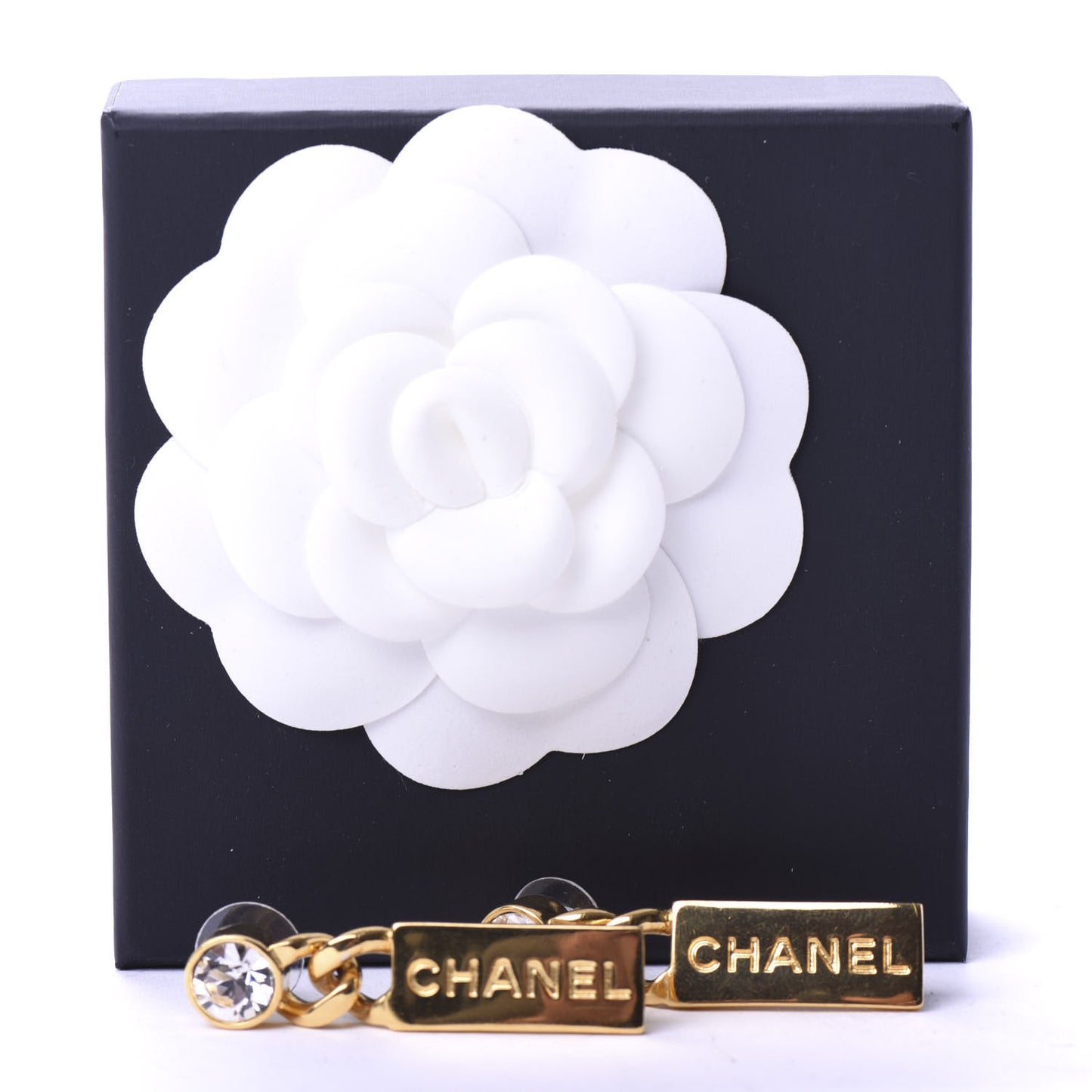 Crystal Tag Drop Earrings Gold