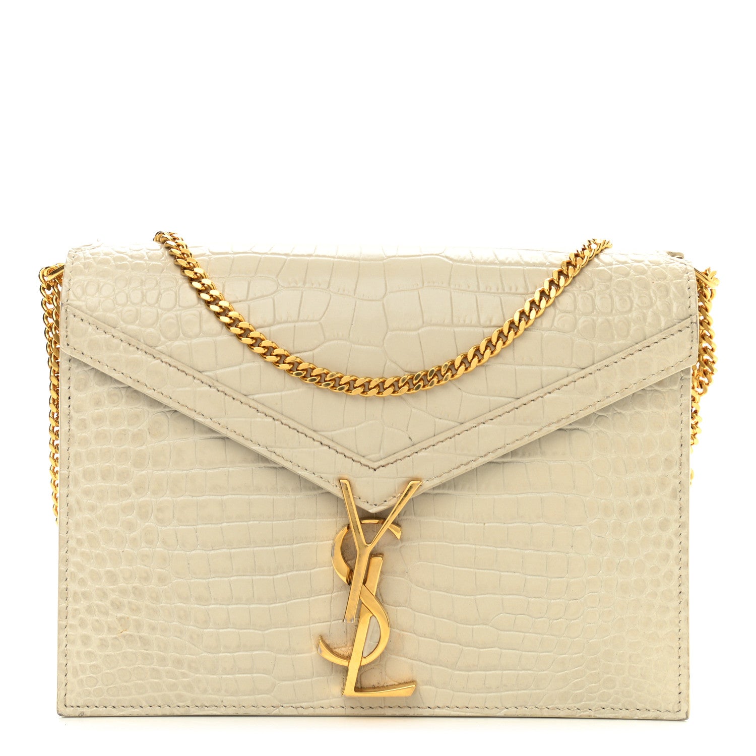 Saint Laurent Calfskin Crocodile Embossed Monogram Cassandra Clasp Bag Crema Soft 1 of 10