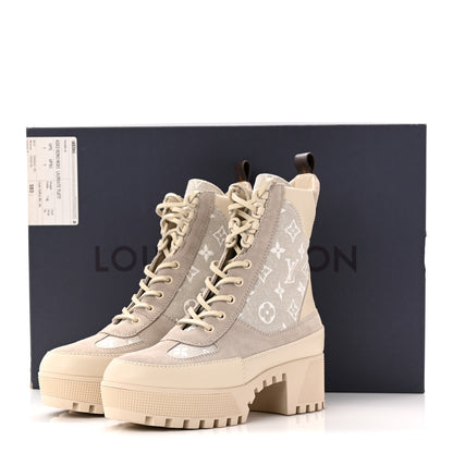 Louis Vuitton Suede Calfskin Monogram Denim Laureate Platform Desert Boots 38.5 Taupe 10 of 10