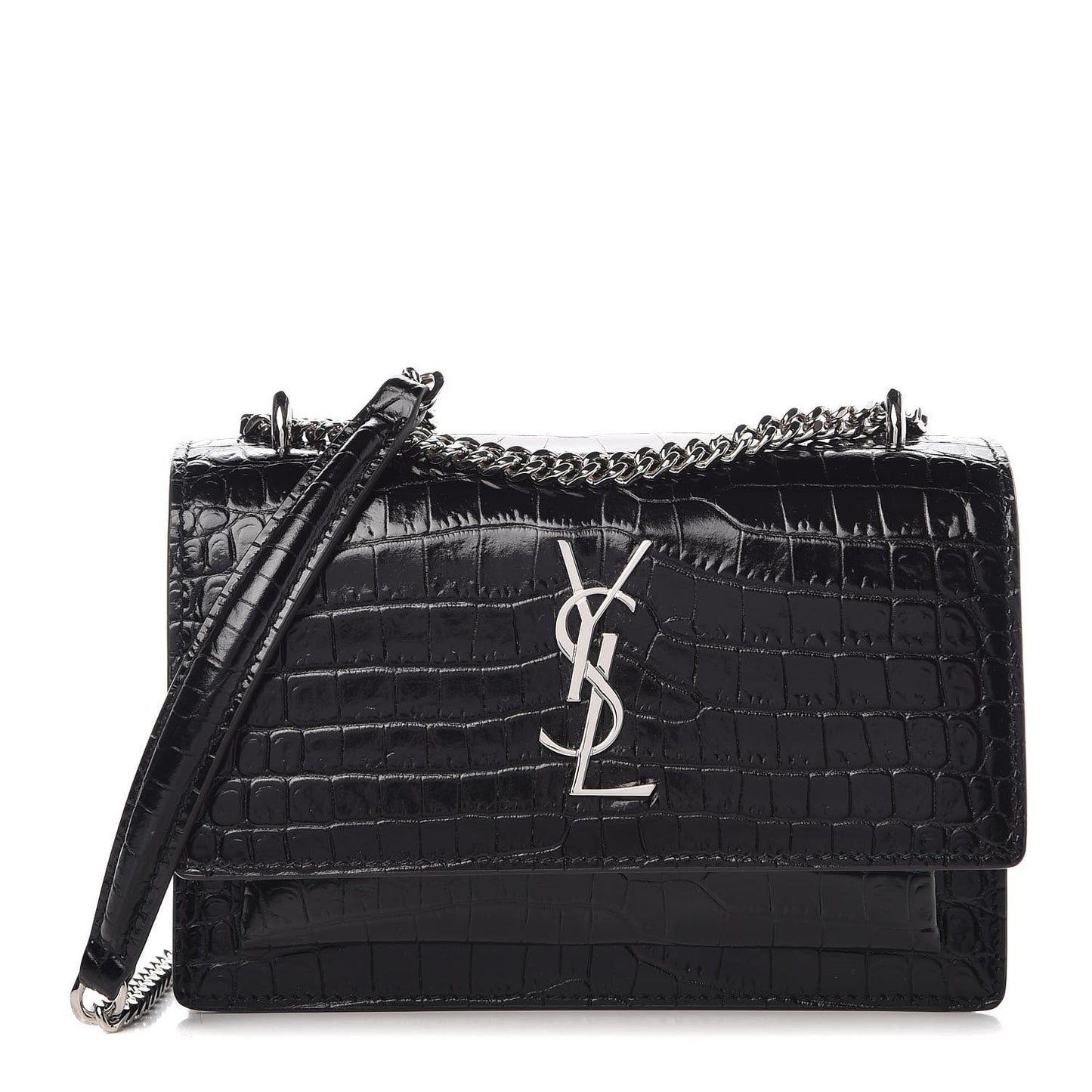 Calfskin Crocodile Embossed Monogram Sunset Chain Wallet Black