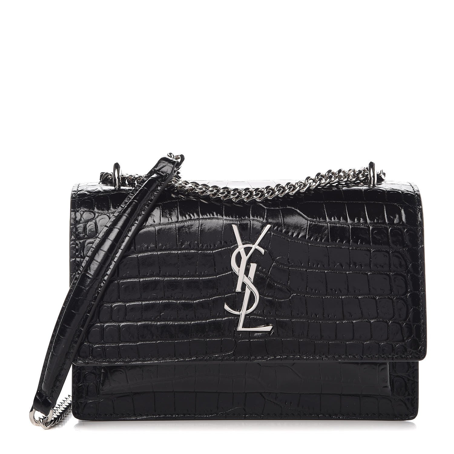 Saint Laurent Calfskin Crocodile Embossed Monogram Sunset Chain Wallet Black 1 of 6