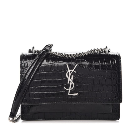 Saint Laurent Calfskin Crocodile Embossed Monogram Sunset Chain Wallet Black 1 of 6