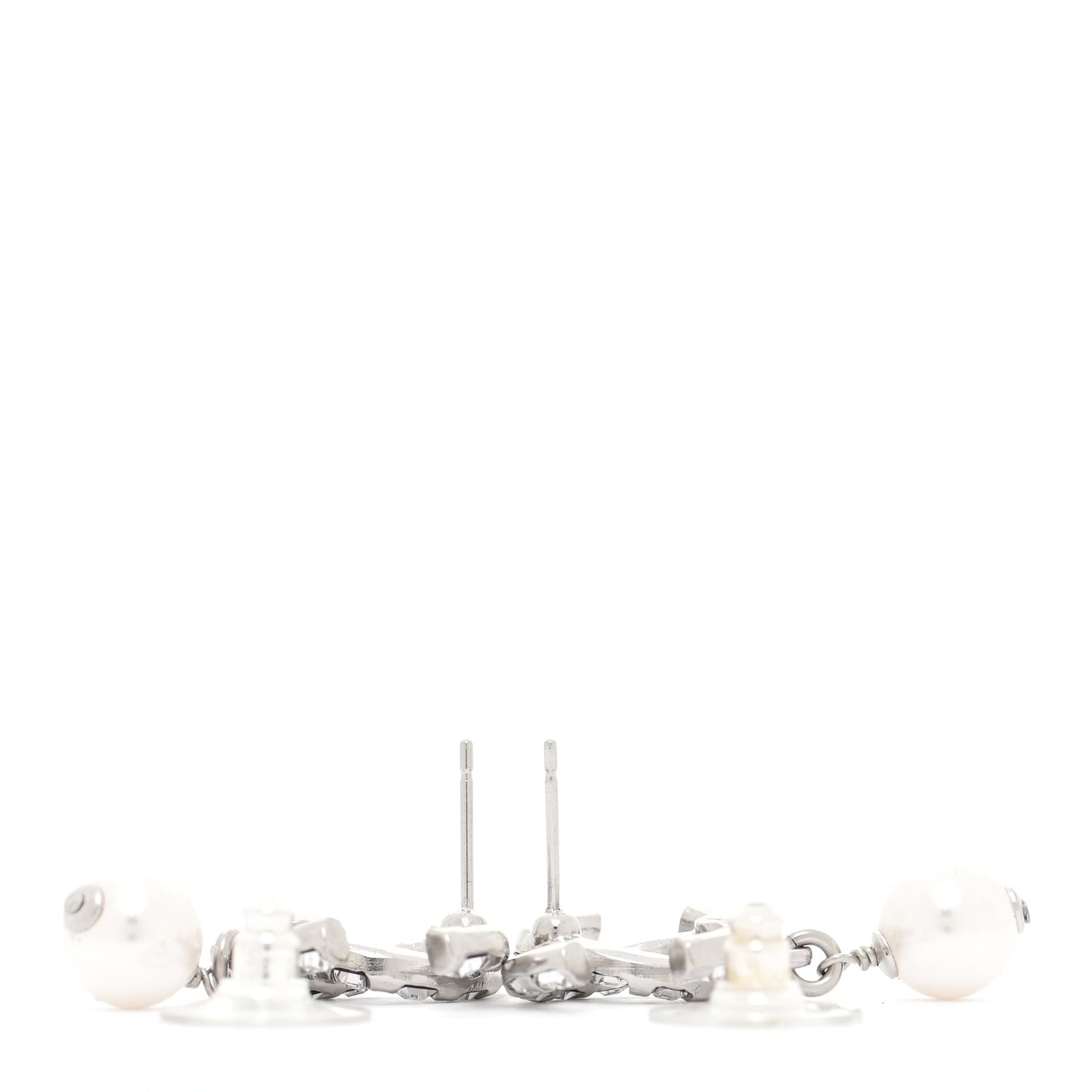 Crystal Baguette Pearl CC Drop Earrings Silver