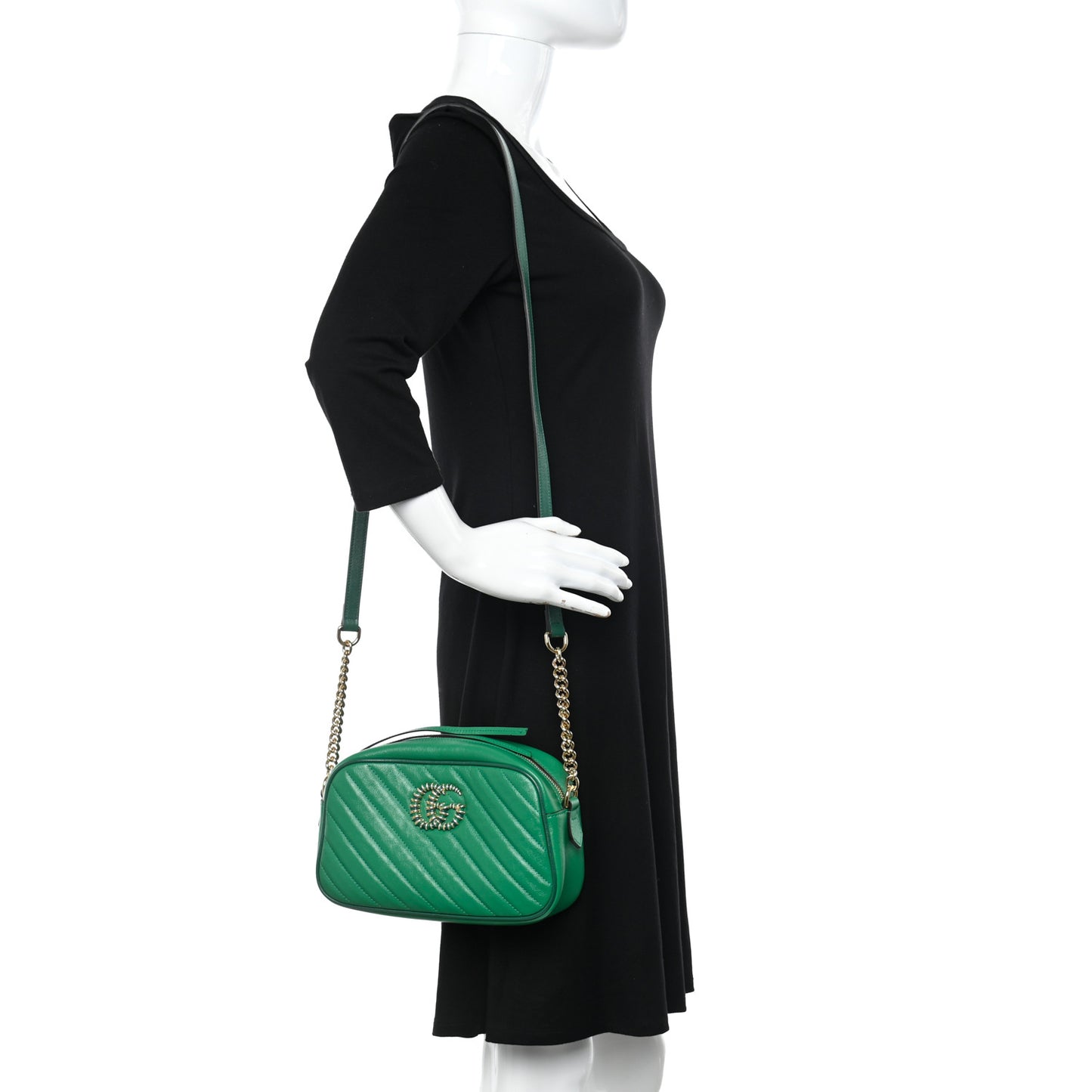 Azalea Calfskin Enamel Matelasse Diagonal Small Torchon GG Marmont Chain Shoulder Bag New Shamarock Emerald
